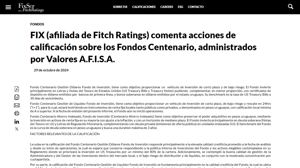 FIX (afiliada de Fitch Ratings) comenta acciones de calificación sobre los Fondos Centenario, administrados por Valores A.F.I.S.A.